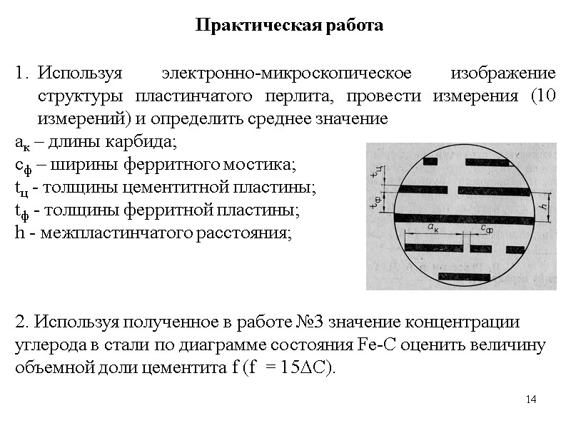 14 14 Практическая работа Используя электронно-микроскопическое изображение структуры пластинчатого перлита, провести измерения (10 измерений)